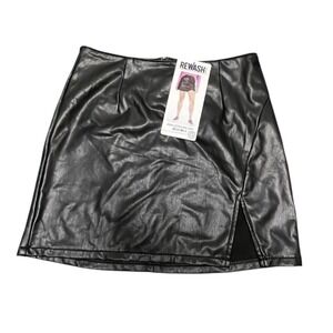 Rewash Brand Vegan Leather Mini Skirt Black Front Slit Size S NEW
